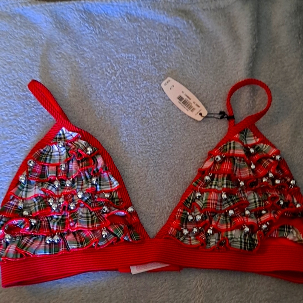NWT Victoria's Secret Christmas bra red green and silver plaid with real bells S